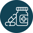 Icon of a medicine bottle with a cross on it and two capsules beside it, all outlined in white on a dark circle background, ideal for representing veterinarian supplies or vet clinics.