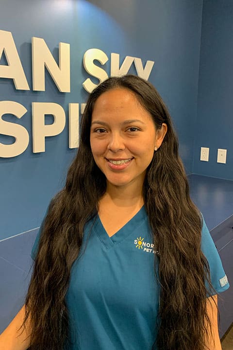 A woman with long, wavy dark hair wearing blue medical scrubs stands and smiles in front of a blue wall with large white letters partially spelling out “AN SKY.”.