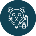 Icon of a cat's face with a medical syringe and a medicine vial, depicted in white lines on a dark blue circular background, suggesting veterinarian care or pet vaccination.