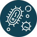 Icon depicting a stylized bacterium and virus on a dark teal circular background, with simple white lines and shapes representing microorganisms and particles, reflecting the meticulous attention to detail found in a vet's diagnostic toolkit.