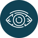 A dark teal circle with a white outline of an eye in the center, resembling the watchful eye of a veterinarian. The design's intricate lines, depicting eyelashes and an iris, give it an abstract and symbolic appearance.