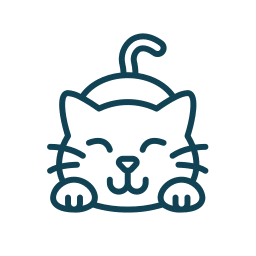 Simple line drawing of a smiling cat with closed eyes, paws forward, and a curled tail. The illustration is enclosed within a circular border.