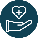 A blue circle featuring a white outline of an open hand with a heart above it, and a plus sign inside, symbolizing healthcare or veterinary support.