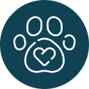 A white outline of a paw print, featuring a heart shape inside, is set against a dark teal circular background, symbolizing love and care from your trusted veterinarian.