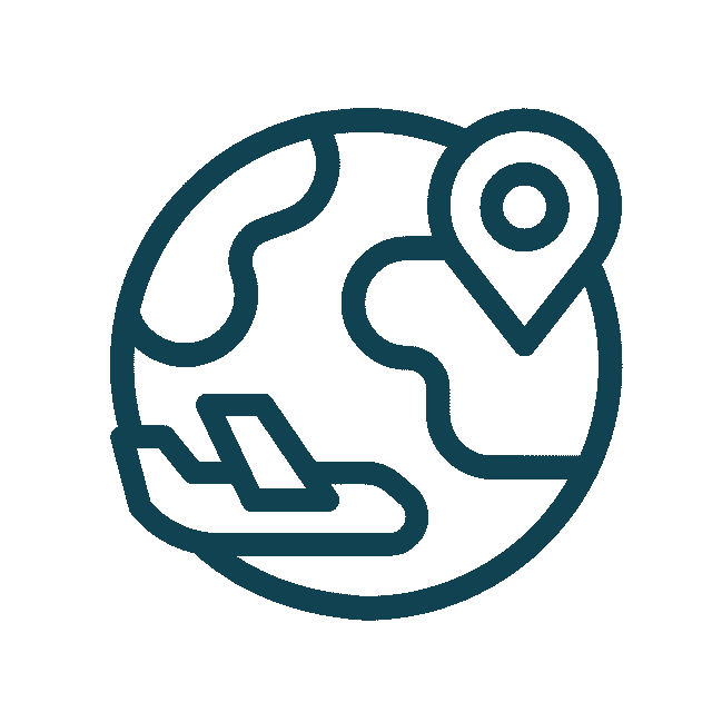 An icon depicting a simplified globe with continents, an airplane, and a location pin. The globe represents travel and location services, connecting you to essential destinations like your local veterinarian.