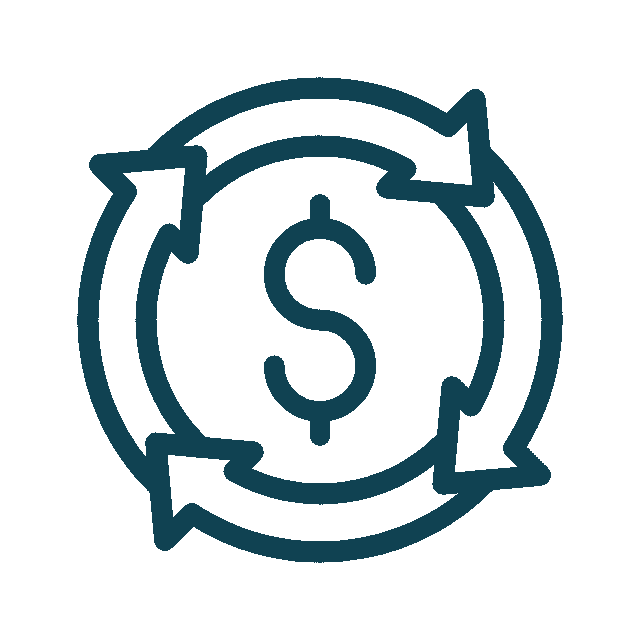 A dollar sign encircled by three curved arrows, forming a circular motion. The design is in a dark teal color on a transparent background, symbolizing the economic flow. This emblem could resonate within veterinary circles, representing financial circulation in the world of animal care.