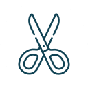 A simple, dark blue line drawing of an open pair of scissors is centered on a white circular background.