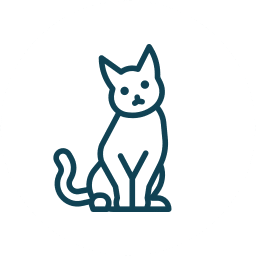 Simple line drawing of a cat sitting upright, facing forward, with its tail curled to the side, shown on a white circular background.