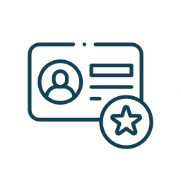 Icon of an ID card with a round badge featuring a star. The card displays a generic silhouette and text lines, representing identification or a membership concept. The design is in a simple, outlined style on a white background.