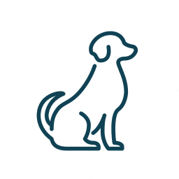 Simple line drawing of a dog sitting, shown in profile, inside a white circle with a dark outline.
