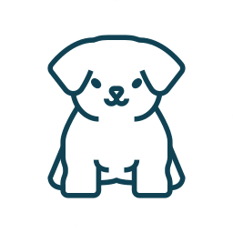 A simple line drawing of a cute puppy sitting. The puppy has a round face, small floppy ears, and a short tail. The illustration is dark blue on a white circular background.