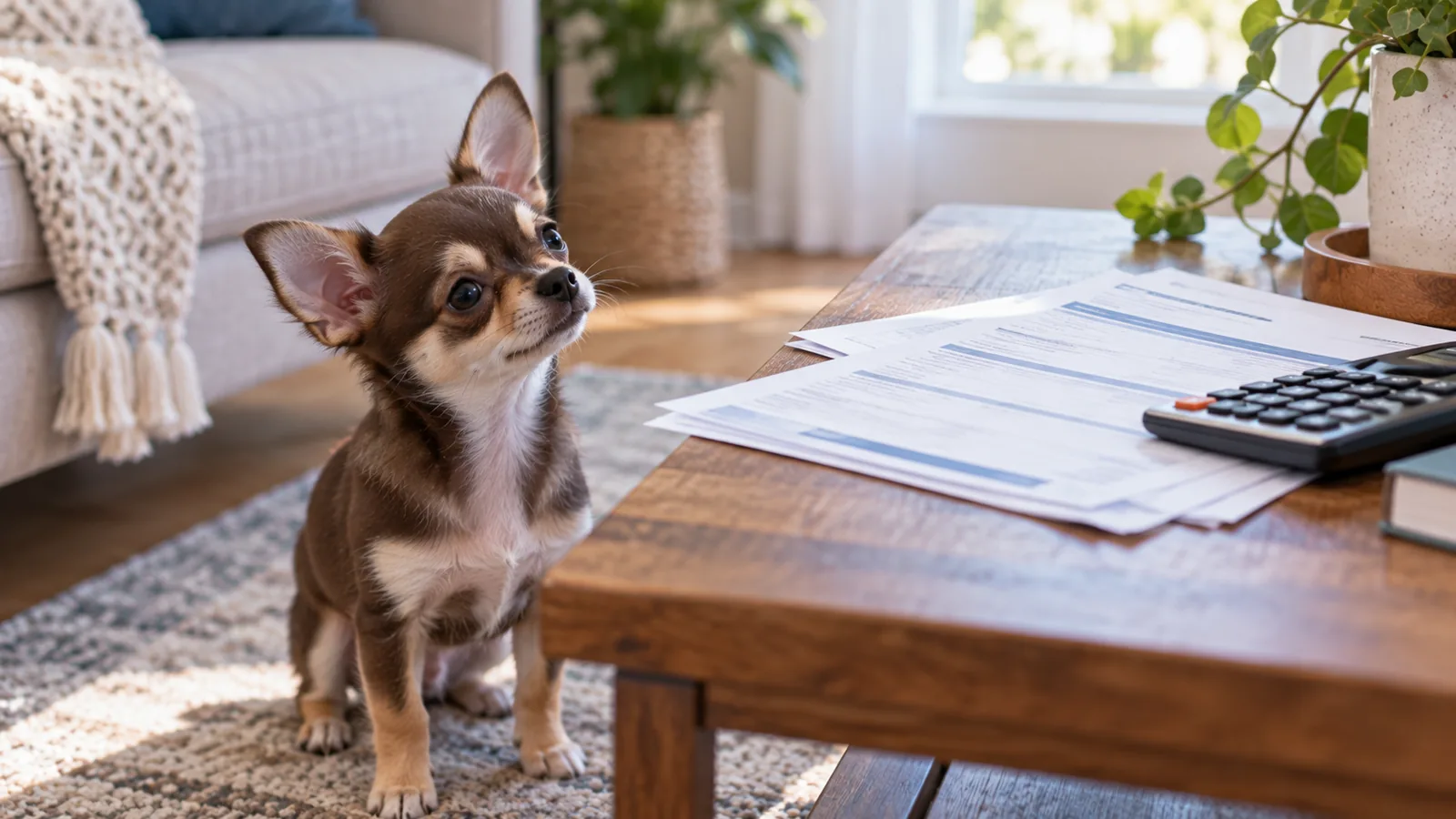 A small brown and tan chihuahua sits beside a coffee table covered with paperwork and a calculator.
