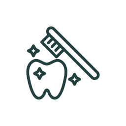 A simple line drawing of a toothbrush above a sparkling tooth, with three star-shaped sparkles around the tooth, symbolizing dental hygiene or tooth brushing.